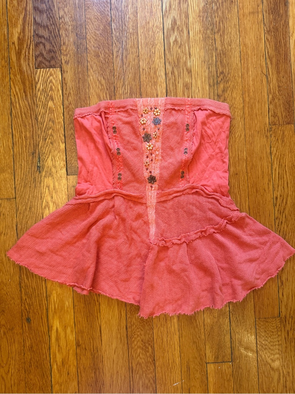 Free People Coral Embellished Strapless Peplum Top